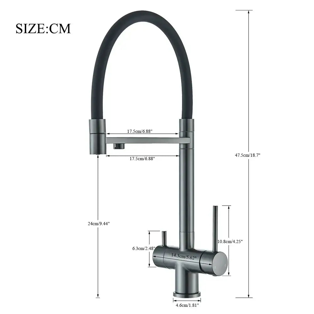 Modern gun gray filtered kitchen faucet with dual handle pull out hose