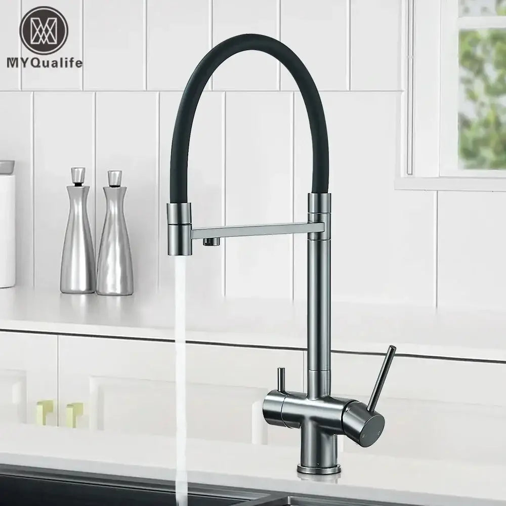 Modern gun gray filtered kitchen faucet with dual handle pull out hose