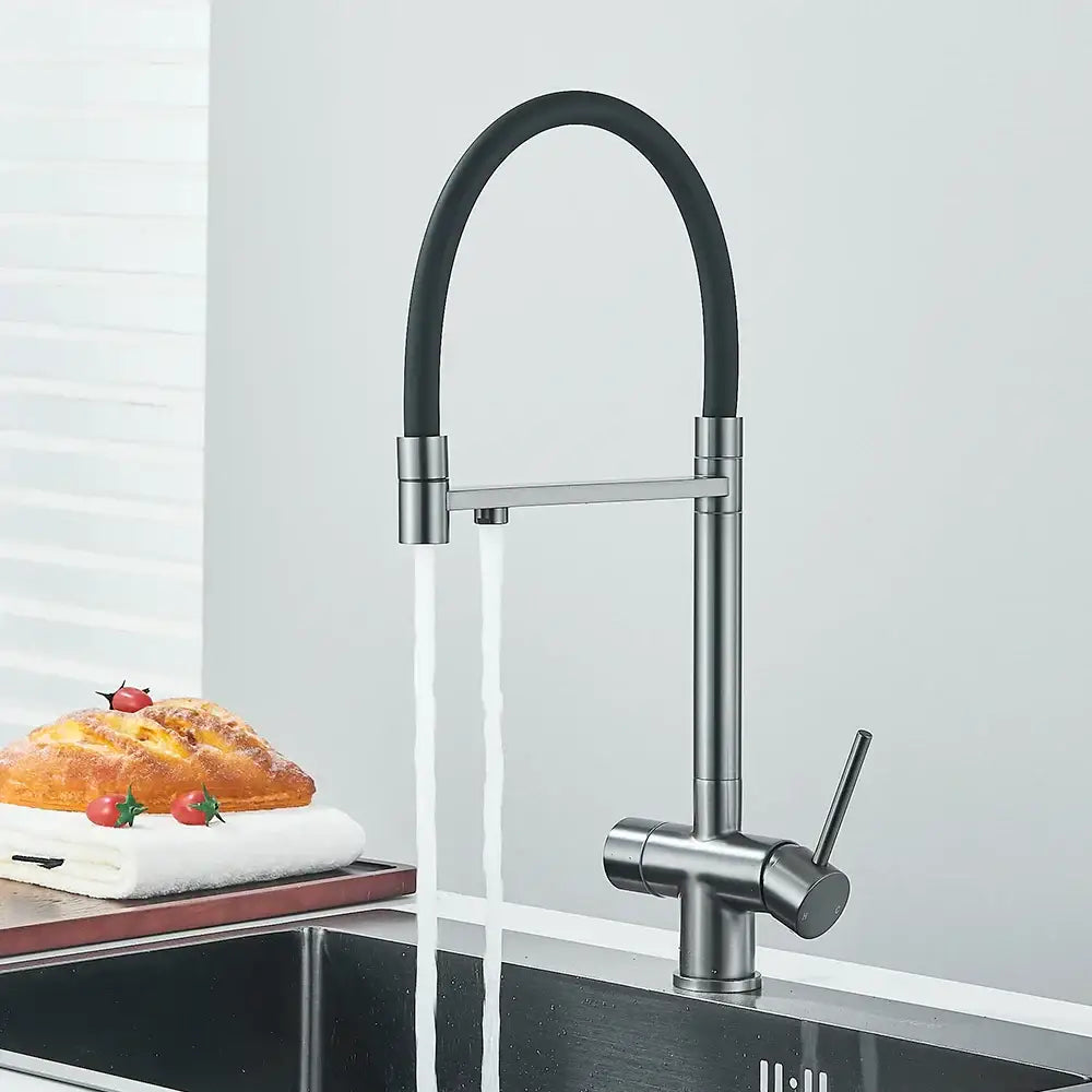 Modern gun gray filtered kitchen faucet with dual handle pull out hose