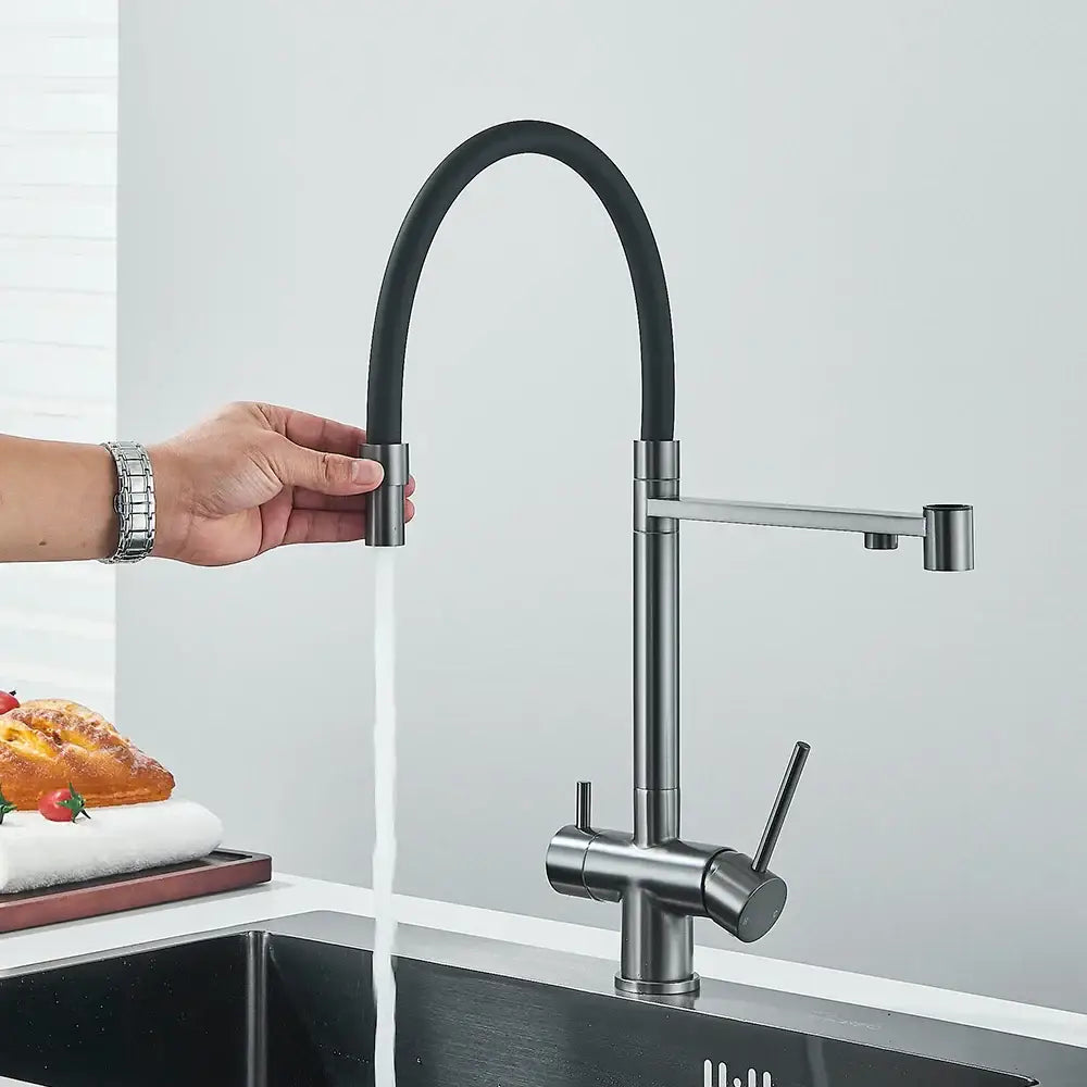 Modern gun gray filtered kitchen faucet with dual handle pull out hose
