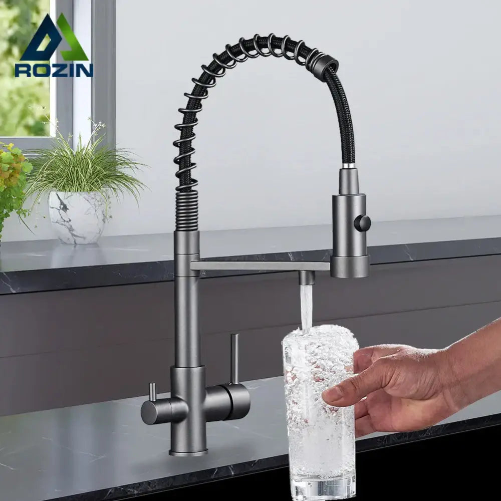 Modern gun grey filter kitchen faucet with pull down spring spout