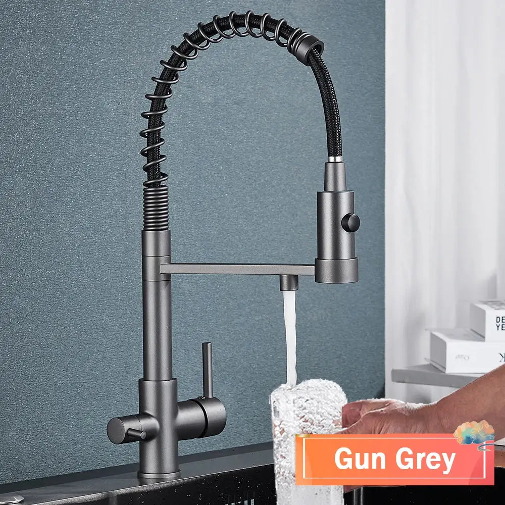 Modern gun grey filter kitchen faucet with pull down spring spout