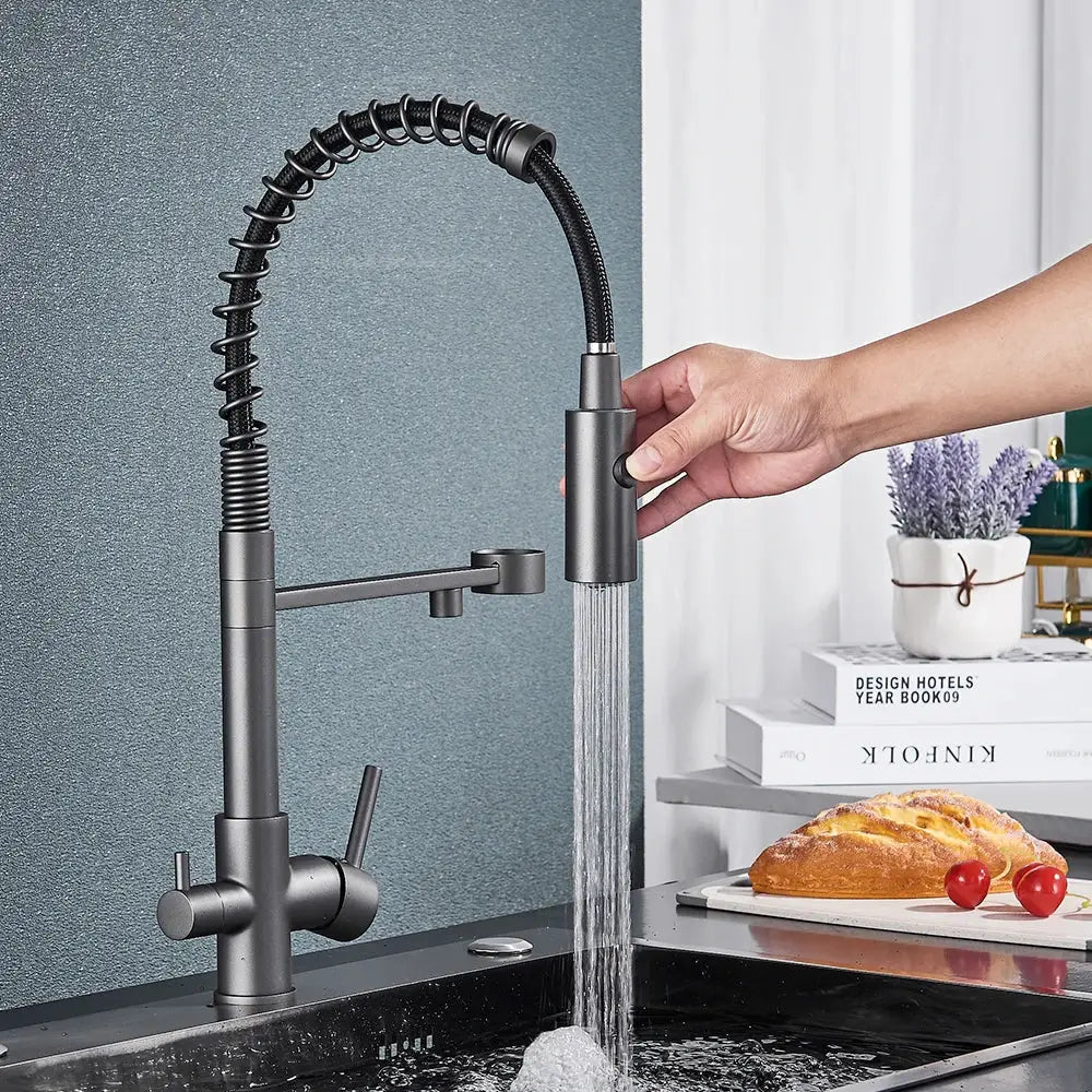 Modern gun grey filter kitchen faucet with pull down spring spout