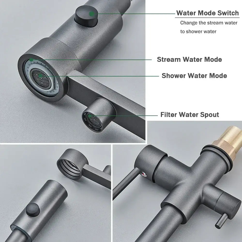 Modern gun grey filter kitchen faucet with pull down spring spout