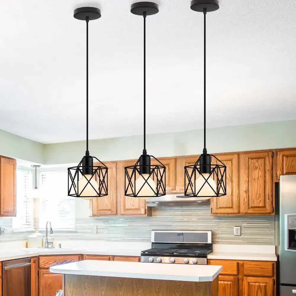 Modern industrial black cage pendant light dining room