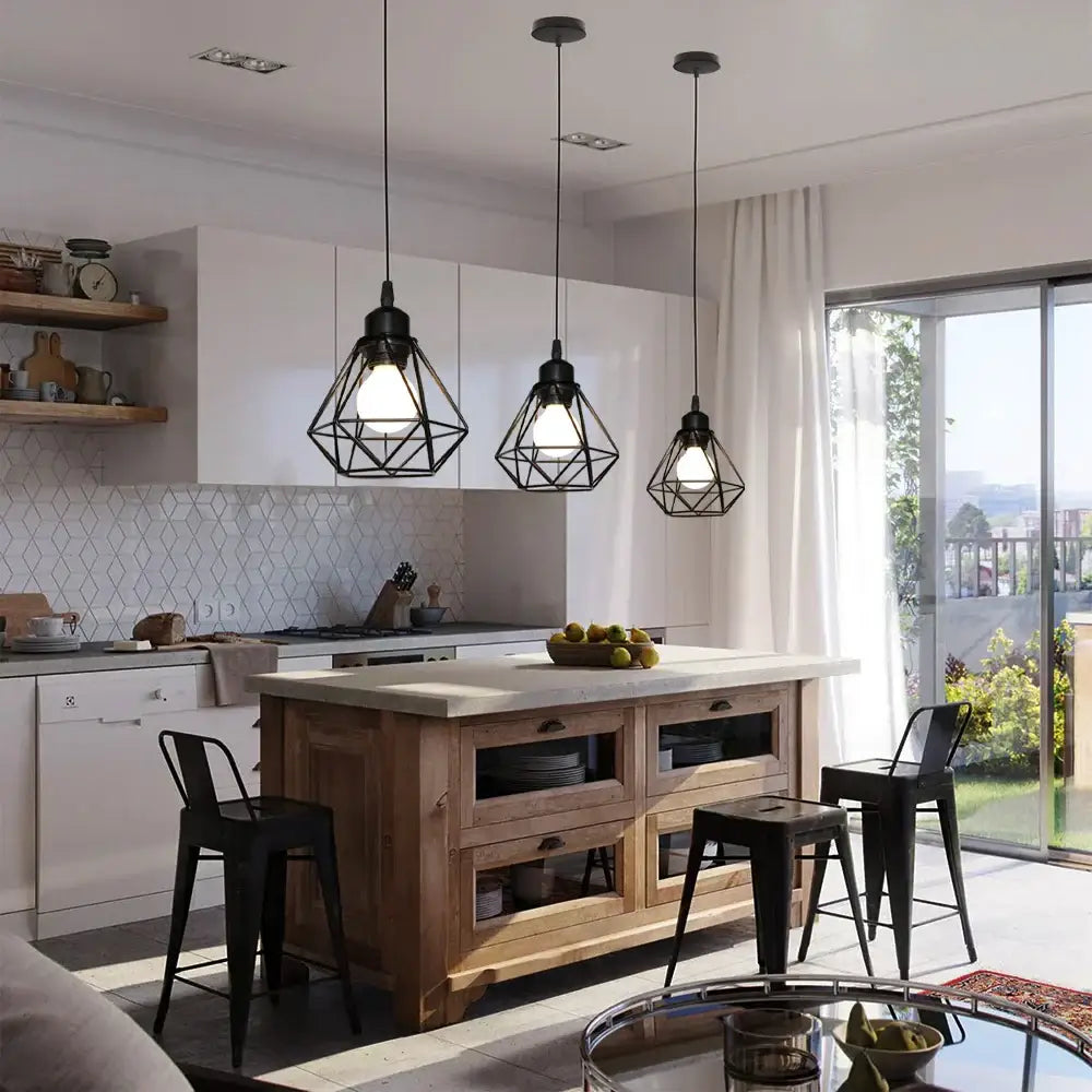 Modern industrial black cage pendant light dining room