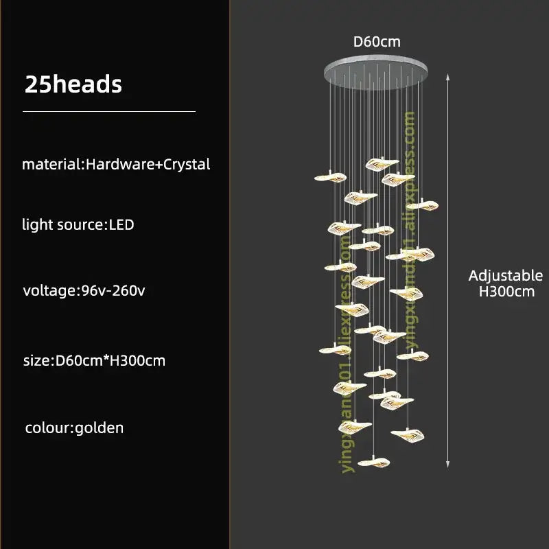 Modern leaf crystal glass staircase chandelier living room light