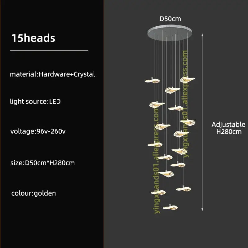 Modern leaf crystal glass staircase chandelier living room light