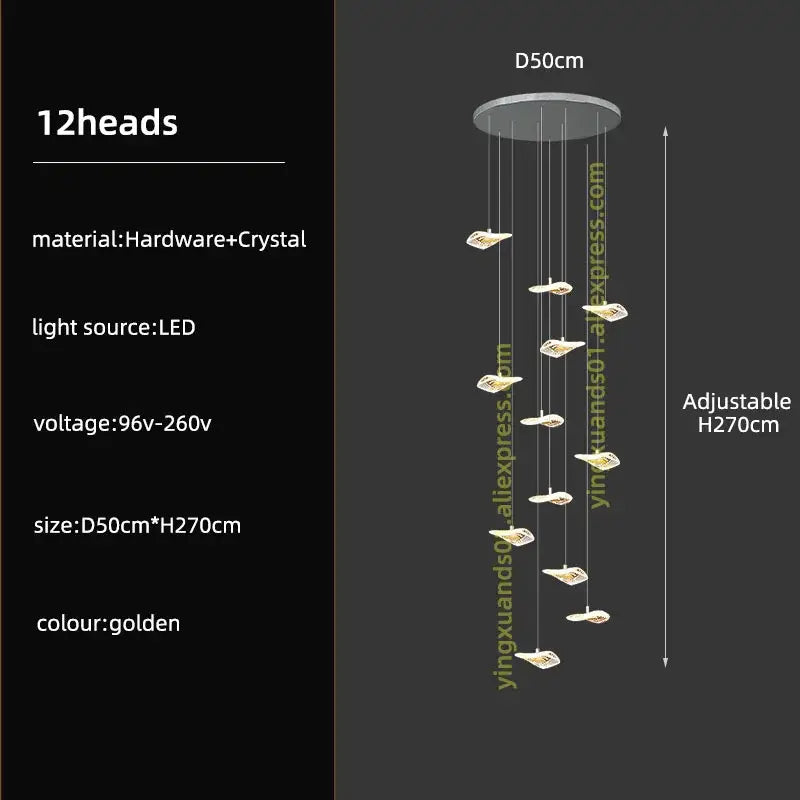 Modern leaf crystal glass staircase chandelier living room light