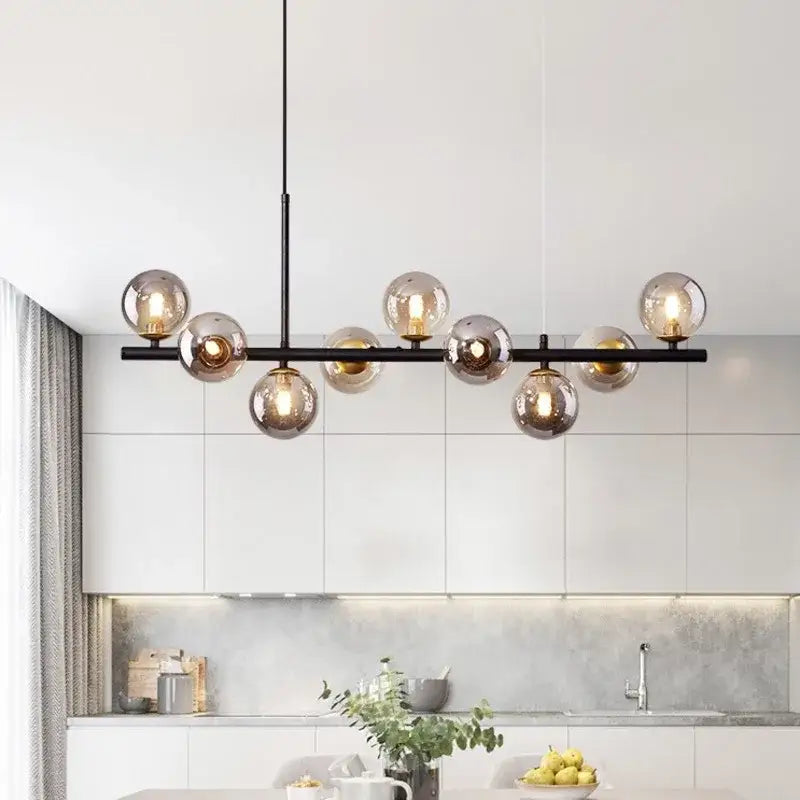 Modern black & gold head ring chandelier dining room amber glass globes