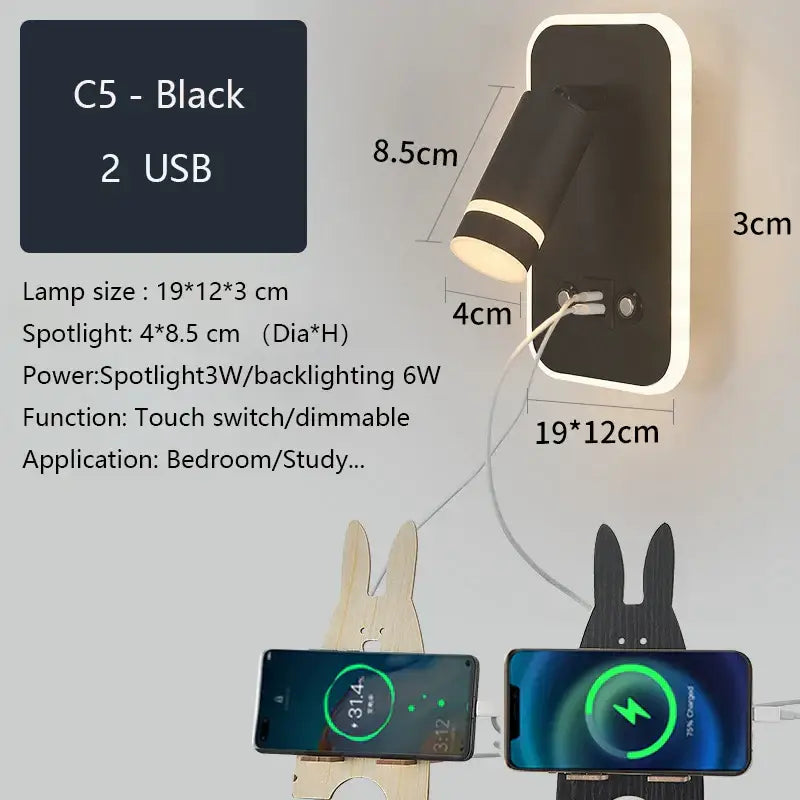 Modern led wall sconce with usb charging port – bedroom reading light