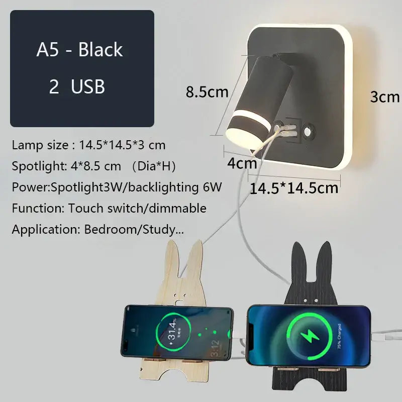 Modern led wall sconce with usb charging port – bedroom reading light