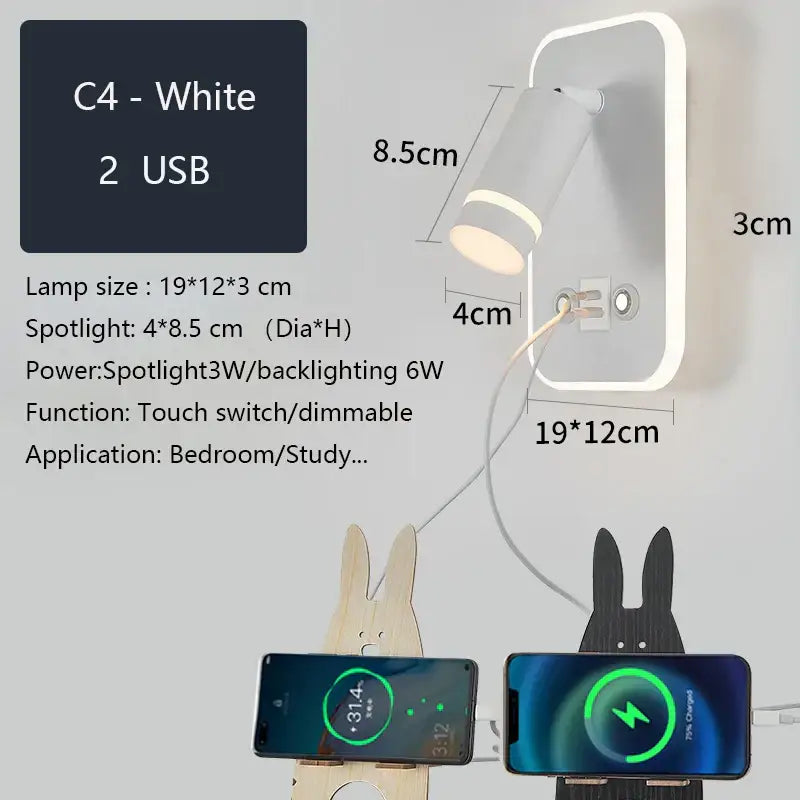 Modern led wall sconce with usb charging port – bedroom reading light