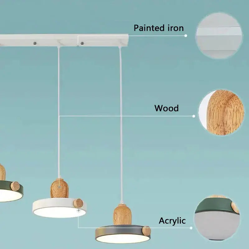 Modern led wood iron pendant light bedroom green white & gray