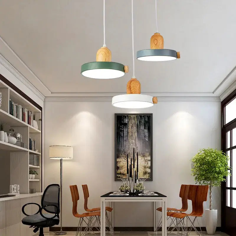 Modern led wood iron pendant light bedroom green white & gray