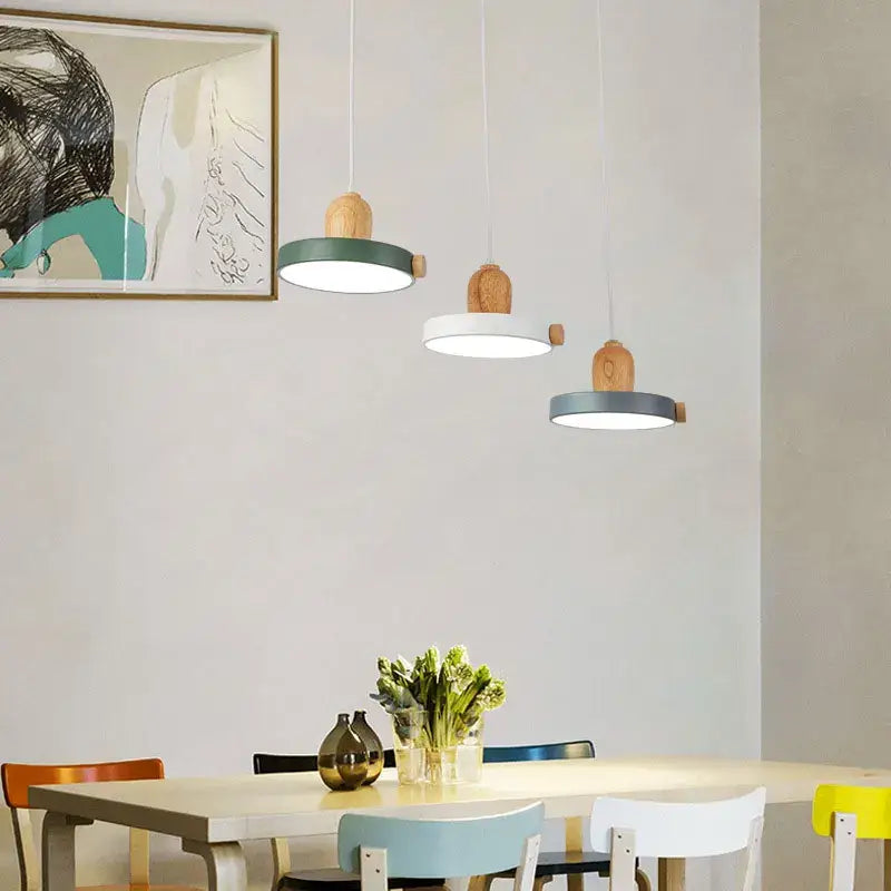 Modern led wood iron pendant light bedroom green white & gray