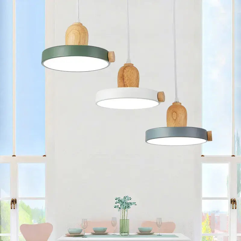 Modern led wood iron pendant light bedroom green white & gray