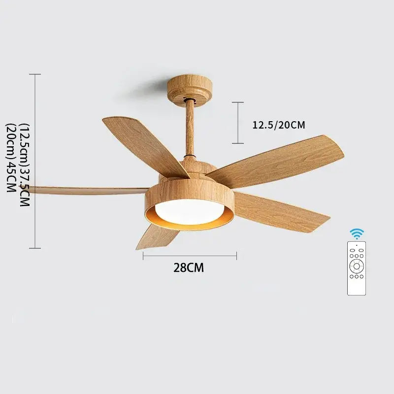 Modern light wood 5-blade ceiling fan with remote control led light bedroom