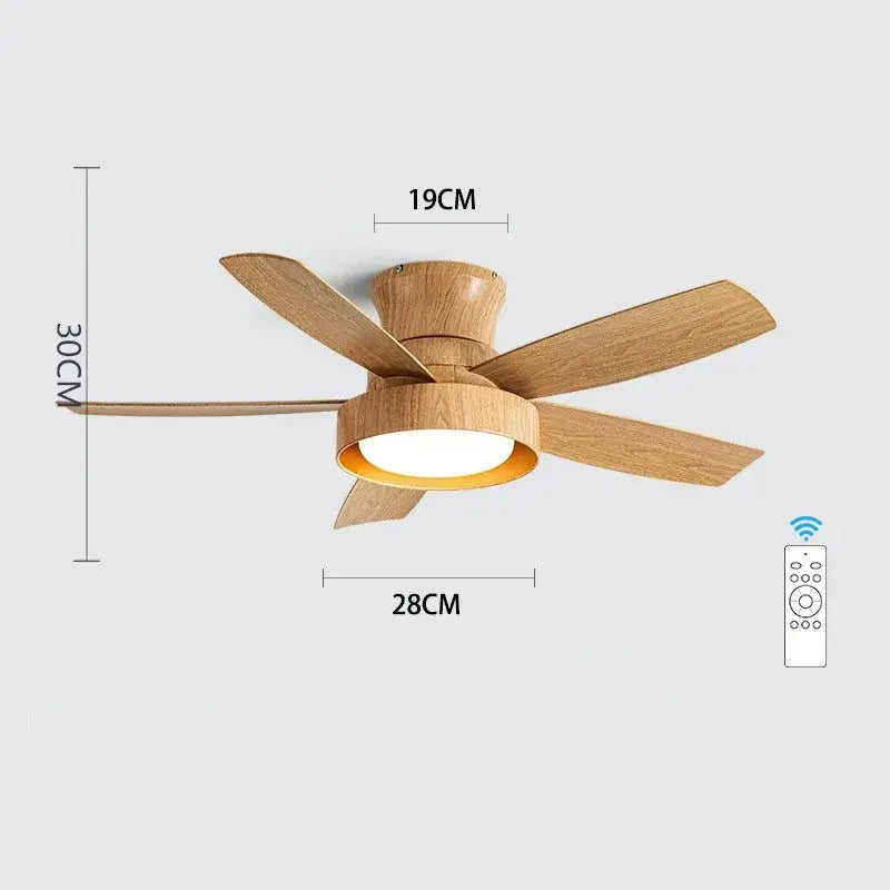 Modern light wood 5-blade ceiling fan with remote control led light bedroom