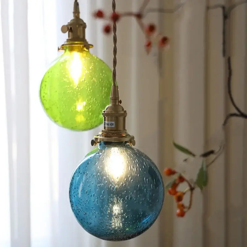 Modern lime & teal blue bubble glass ball pendant light dining room