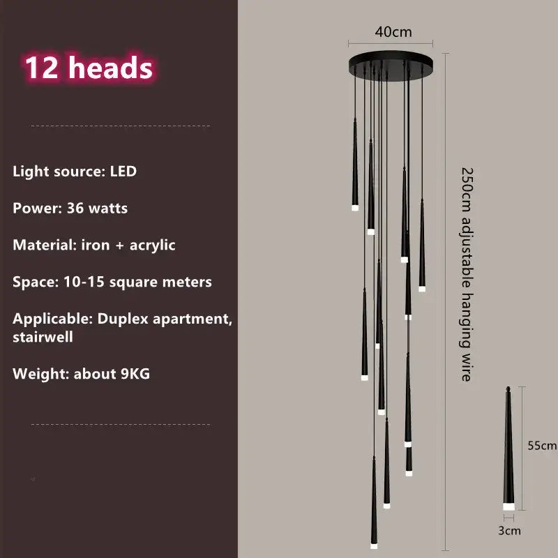 Modern loft black led stair chandelier living room pendant light