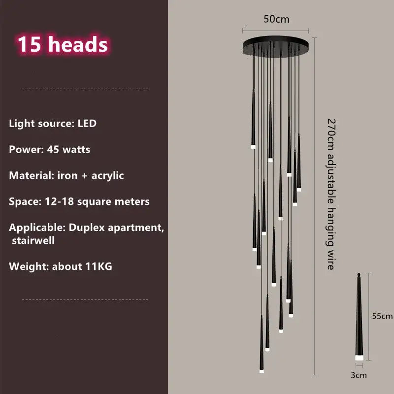 Modern loft black led stair chandelier living room pendant light