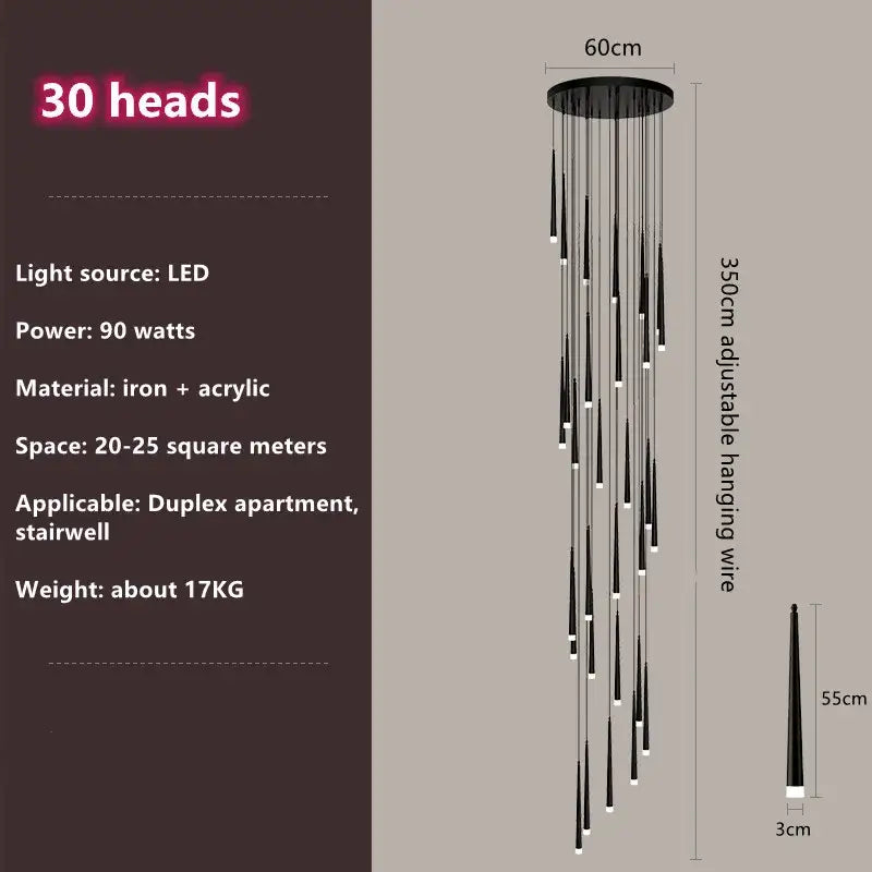 Modern loft black led stair chandelier living room pendant light