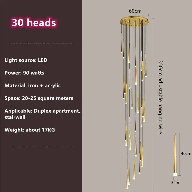Modern loft black led stair chandelier living room pendant light