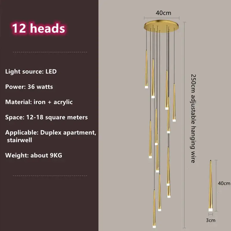 Modern loft black led stair chandelier living room pendant light