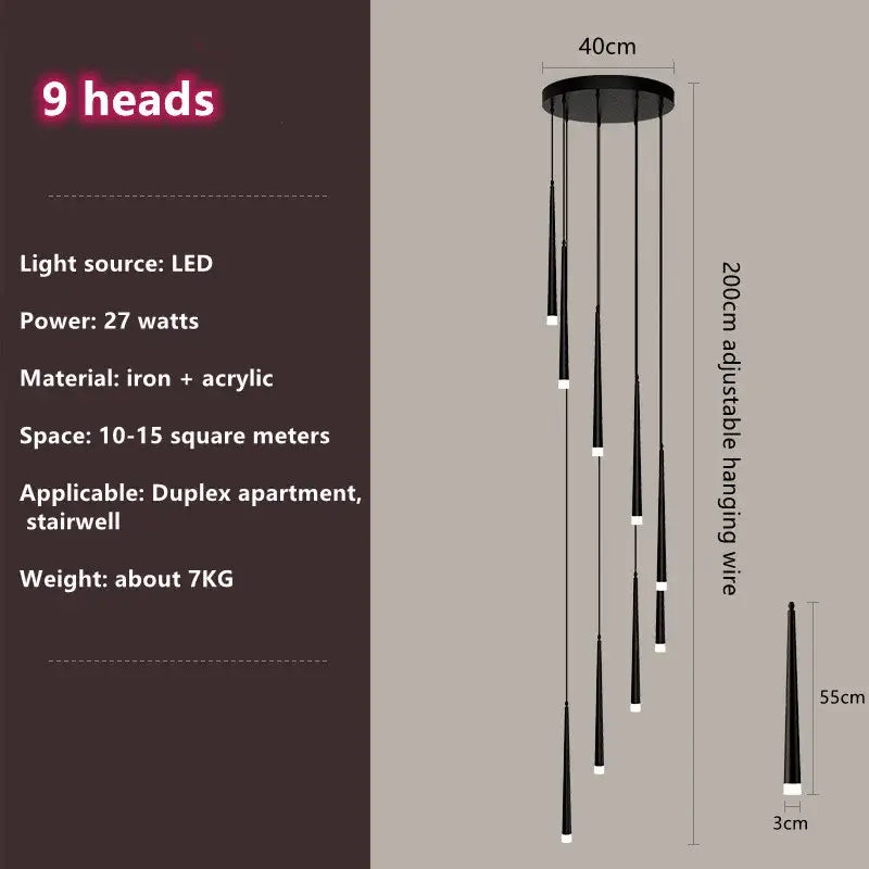 Modern loft black led stair chandelier living room pendant light