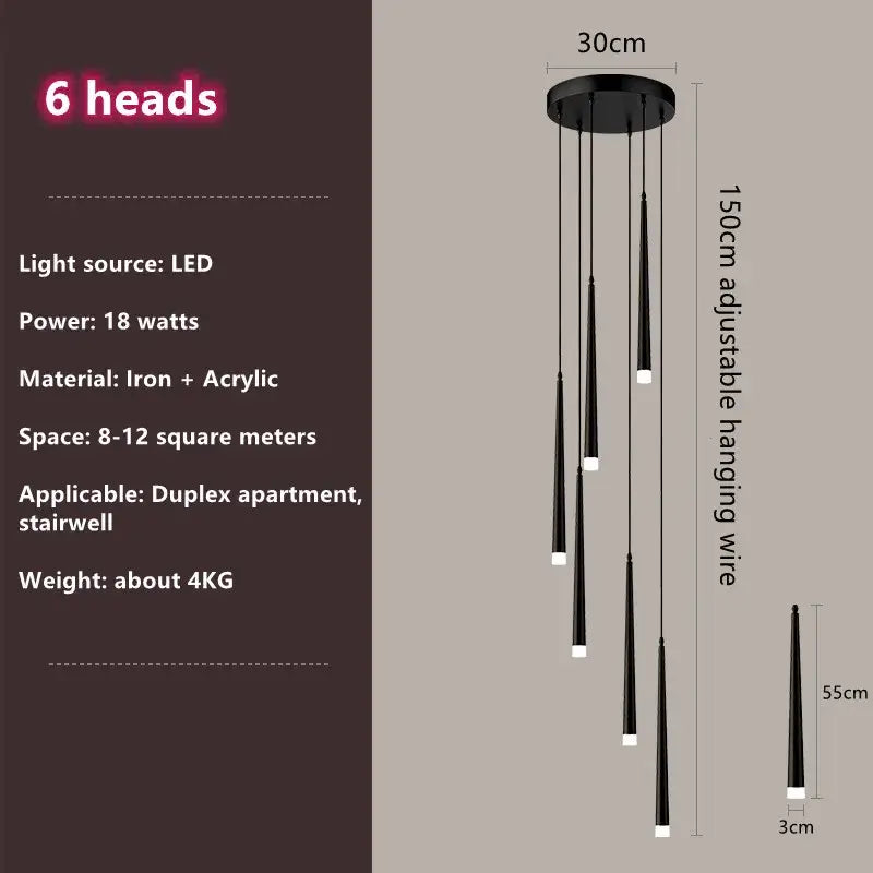 Modern loft black led stair chandelier living room pendant light