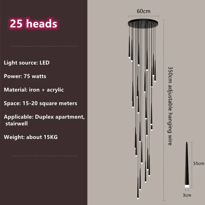 Modern loft black led stair chandelier living room pendant light
