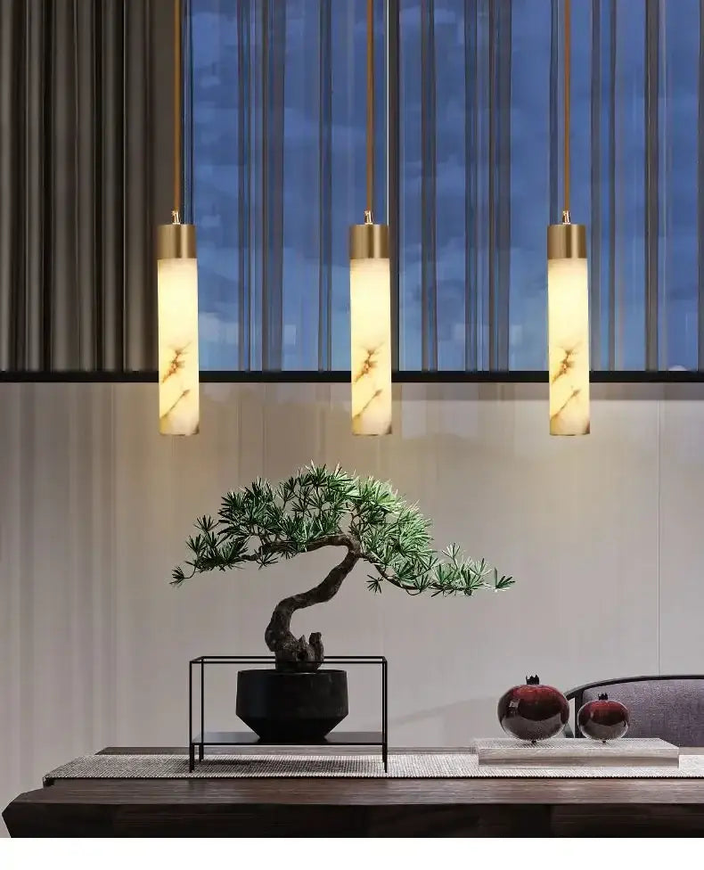 Modern marble and copper led pendant light for bedroom
