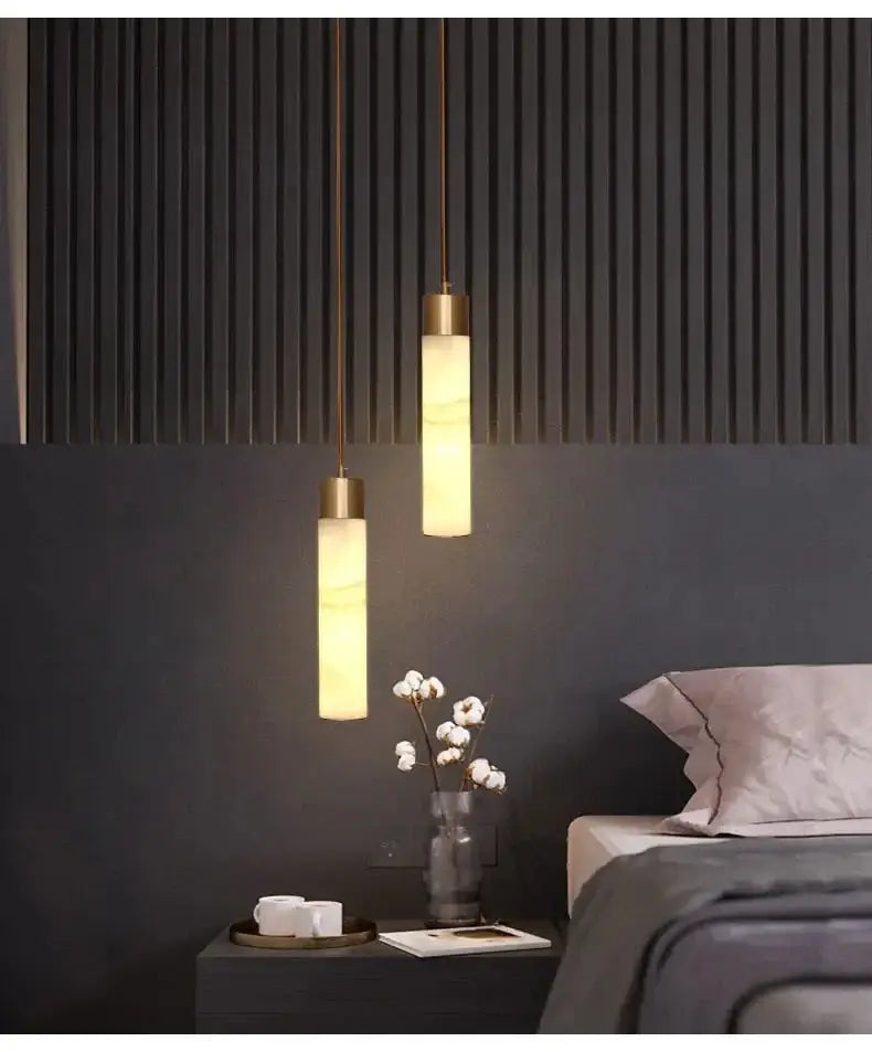 Modern marble and copper led pendant light for bedroom
