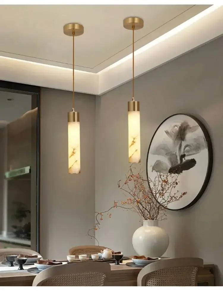 Modern marble and copper led pendant light for bedroom