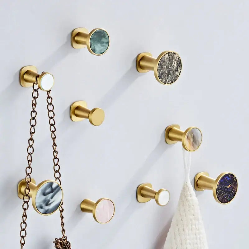 Modern marbled stone and brushed gold towel hook bathroom decor