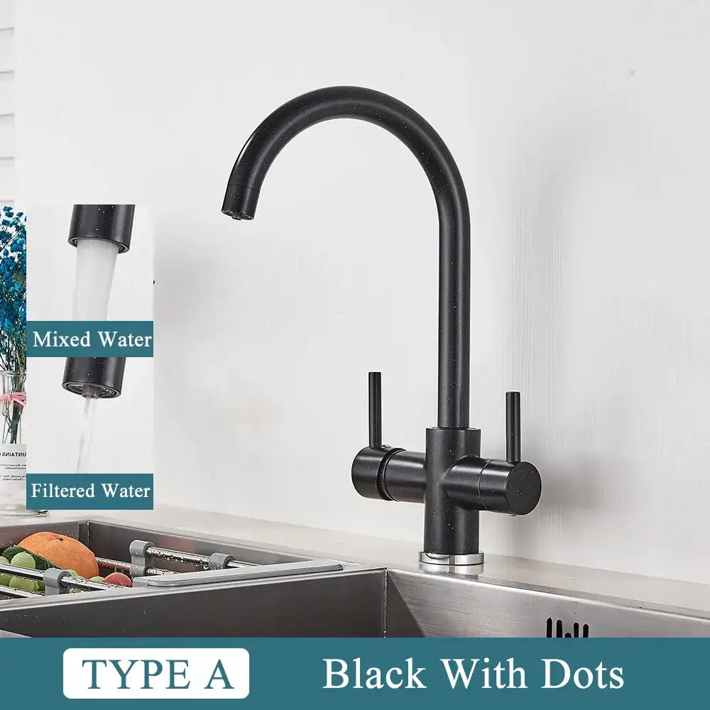 Modern matte black brass kitchen faucet with filter and dual handles