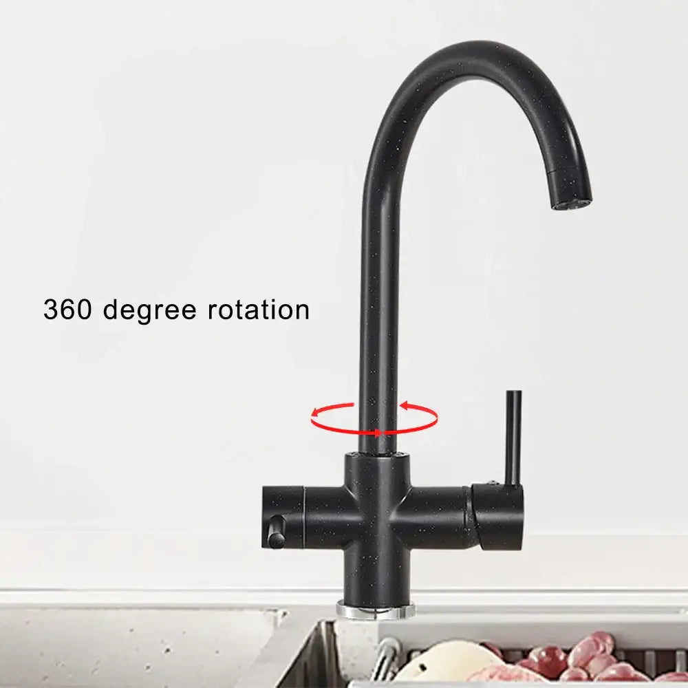 Modern matte black brass kitchen faucet with filter and dual handles