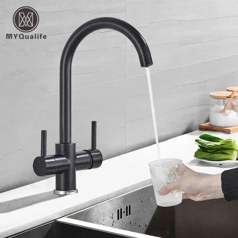 Modern matte black brass kitchen faucet with filter and dual handles