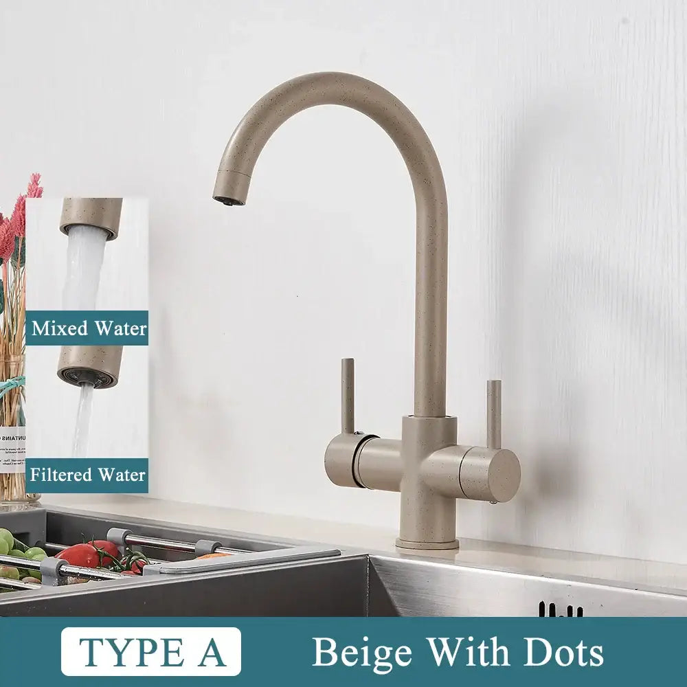 Modern matte black brass kitchen faucet with filter and dual handles