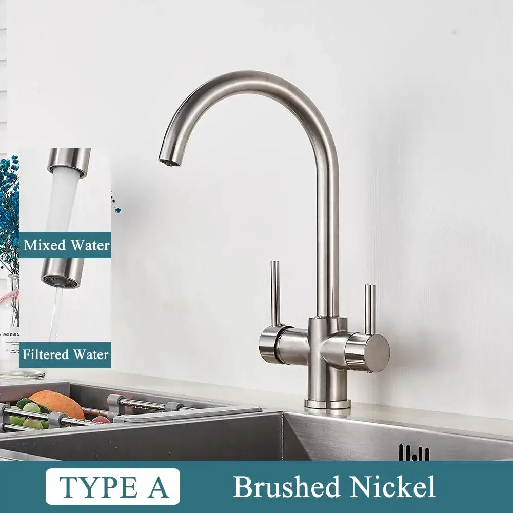 Modern matte black brass kitchen faucet with filter and dual handles