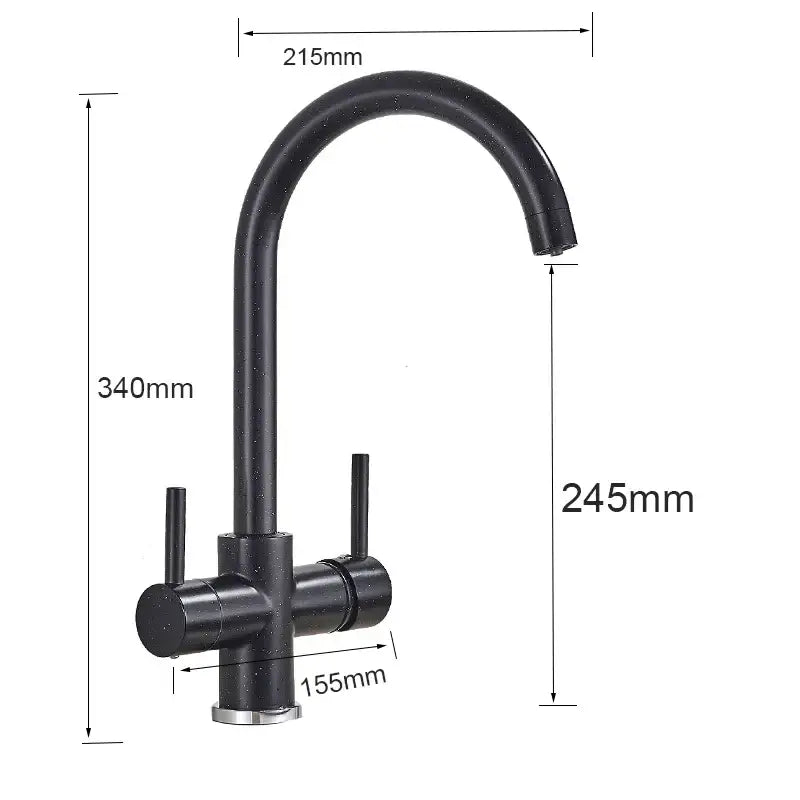 Modern matte black brass kitchen faucet with filter and dual handles