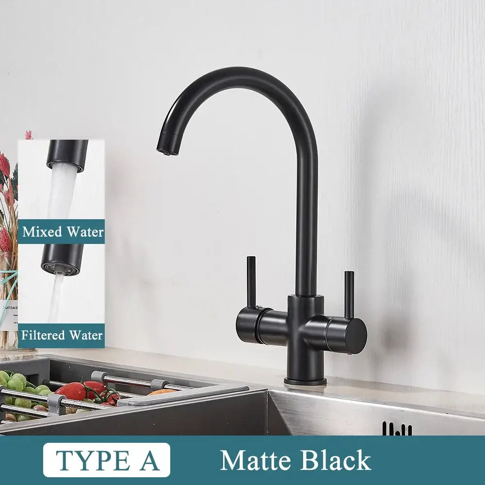 Modern matte black brass kitchen faucet with filter and dual handles