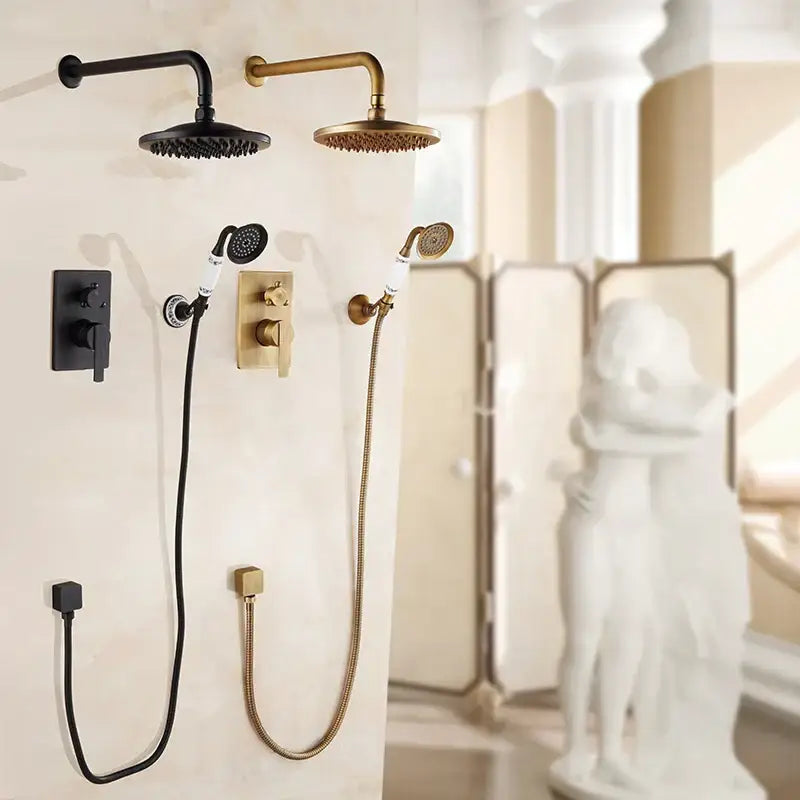 Modern matte black & brushed gold bath rain shower faucet set bathroom