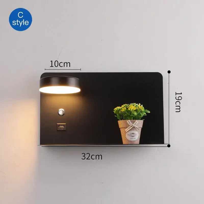 Modern matte black led wall lights with usb port bedroom shelf