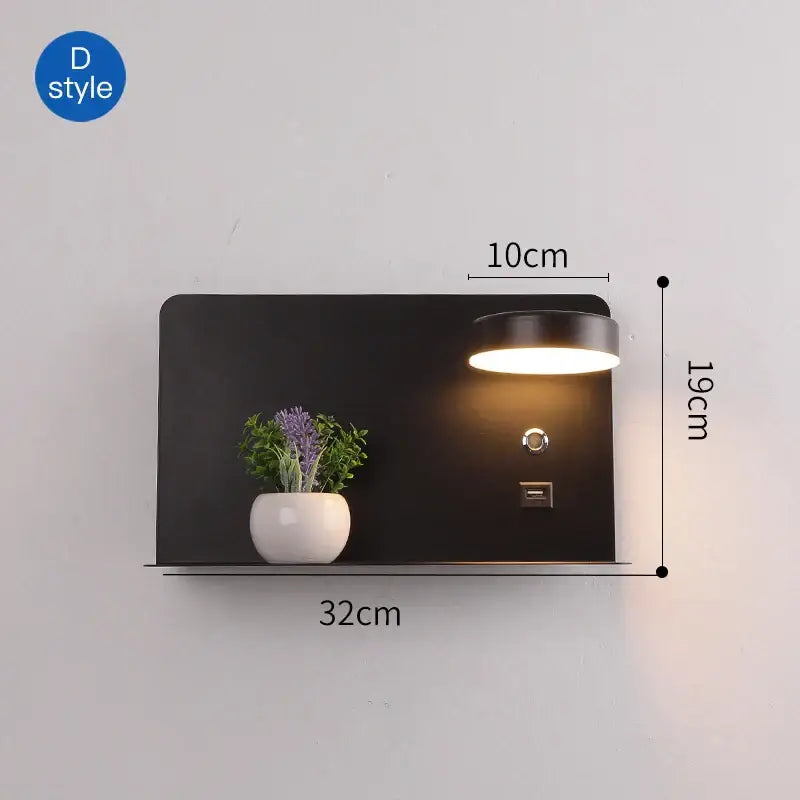 Modern matte black led wall lights with usb port bedroom shelf