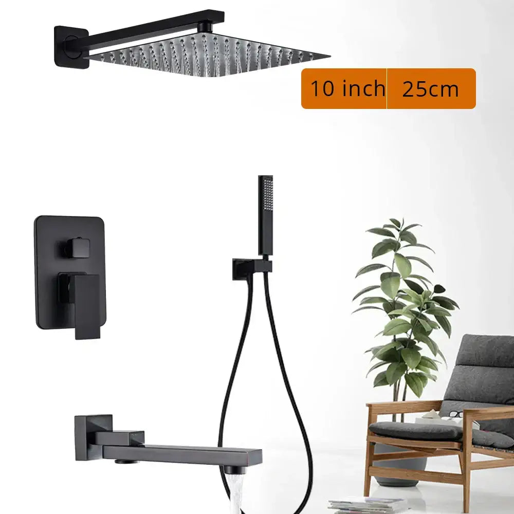 Modern matte black rainfall shower head and faucet bathroom set