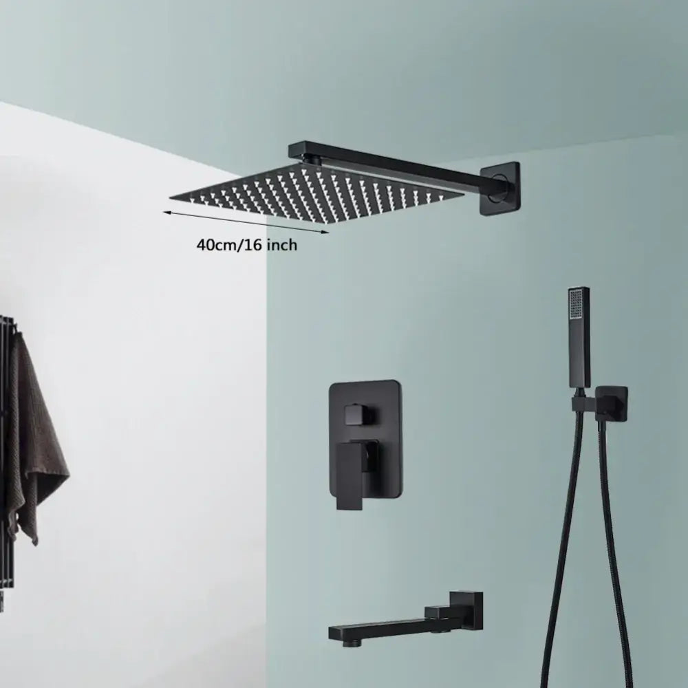 Modern matte black wall mounted rainfall shower with tub spout bathroom