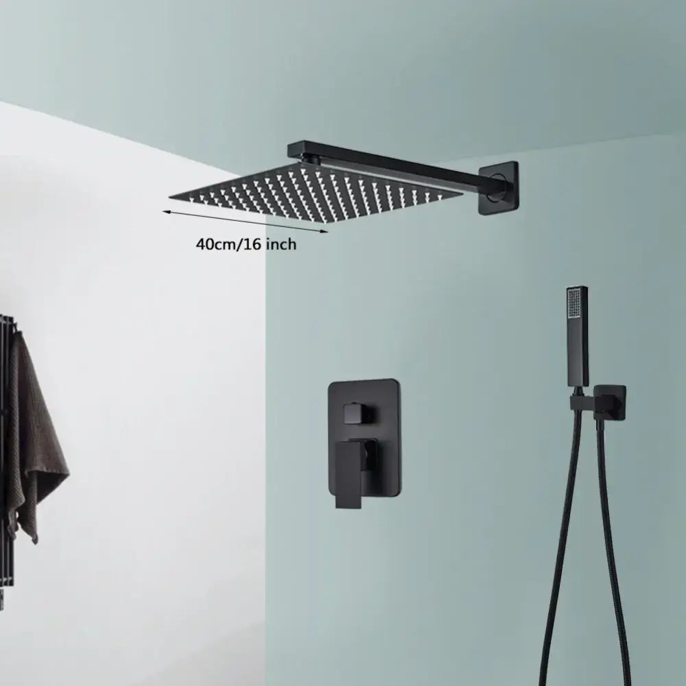 Modern matte black wall mounted rainfall shower with tub spout bathroom