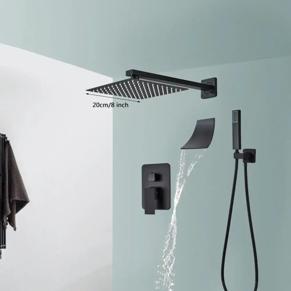 Modern matte black wall mounted rainfall shower with tub spout bathroom